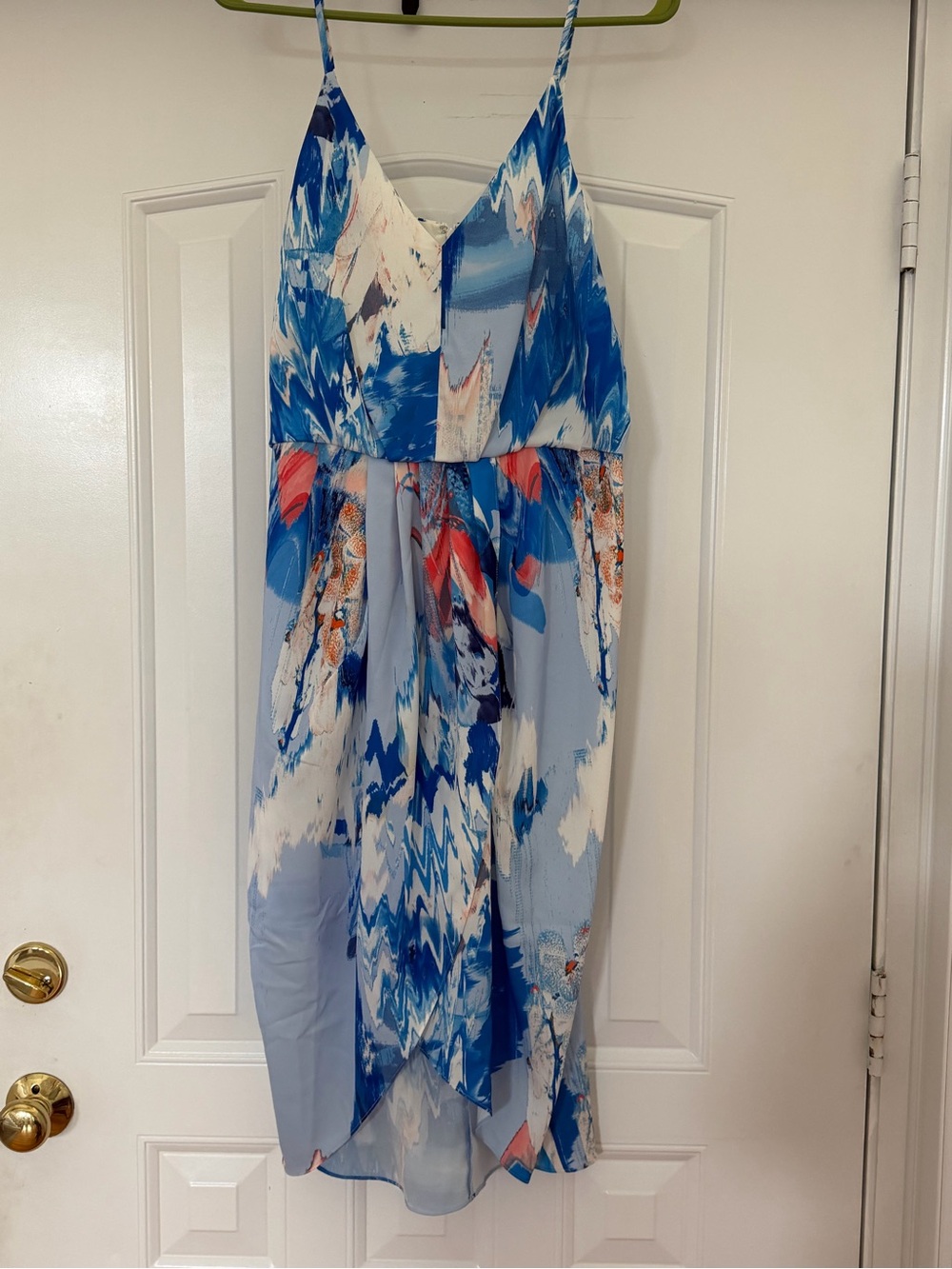 Chelsea28 Blue, White & Coral Abstract Print Spaghetti Strap Dress